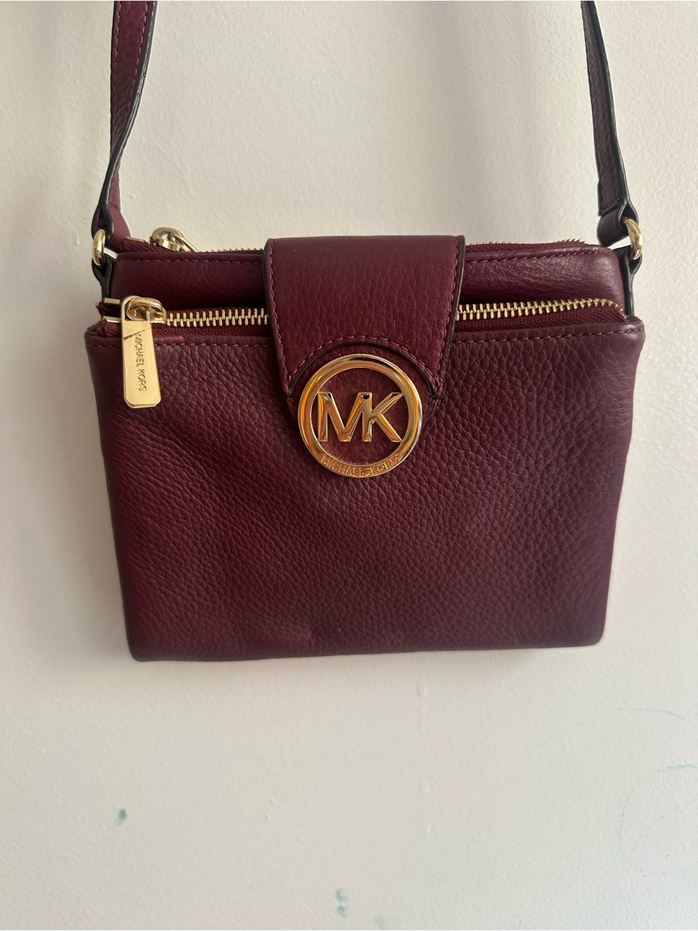 Michael Kors Burgundy Pebbled Faux Leather Crossbody with Gold MK Medallion